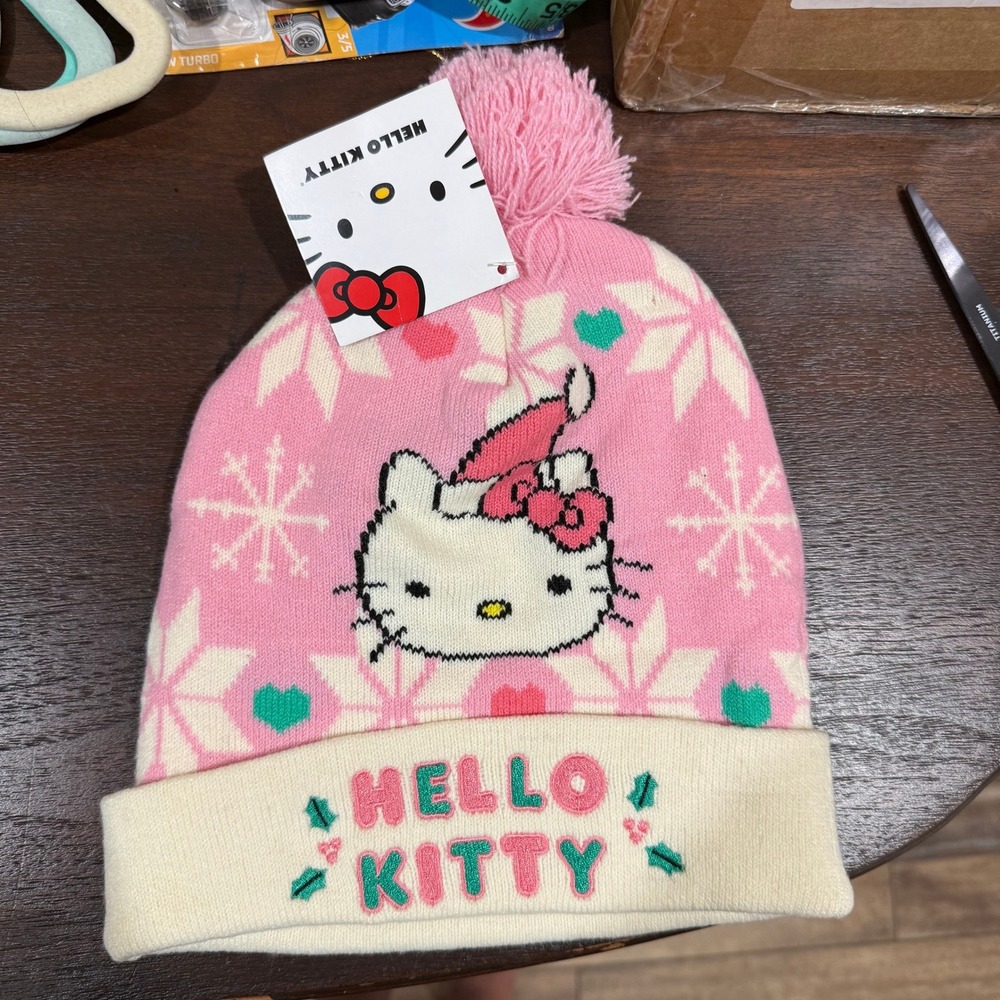 Hello Kitty Sanrio Pink Snowflake Christmas Beanie Pom Pom Hat Kids NWT